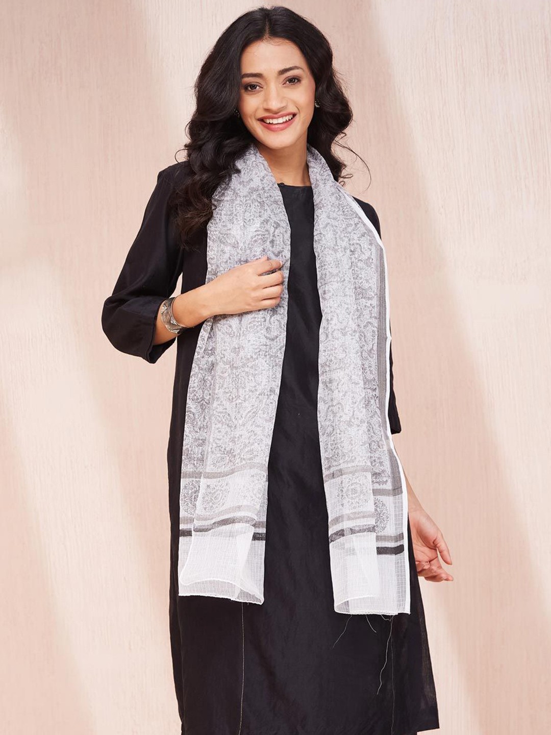 

Fabindia Natural Cotton Silk Hand Block Printed Stole, Beige