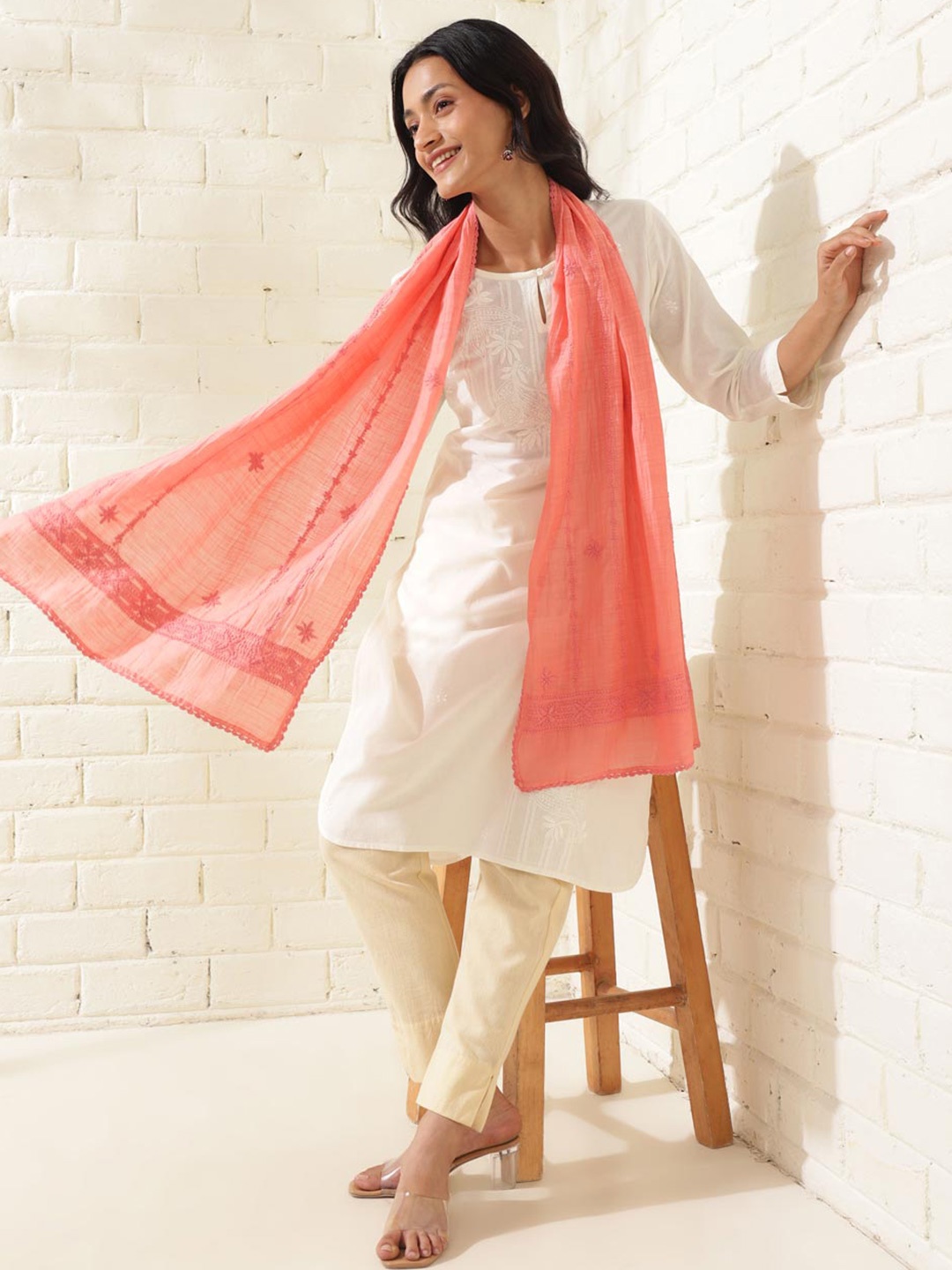 

Fabindia Women Ethnic Motifs Embroidered Stole, Coral