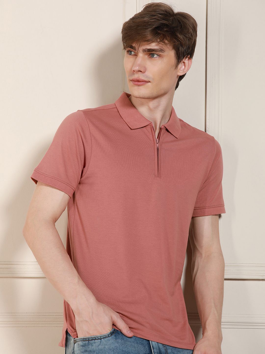 

Dennis Lingo Men Polo Collar Half Sleeves Solid T-shirt, Pink