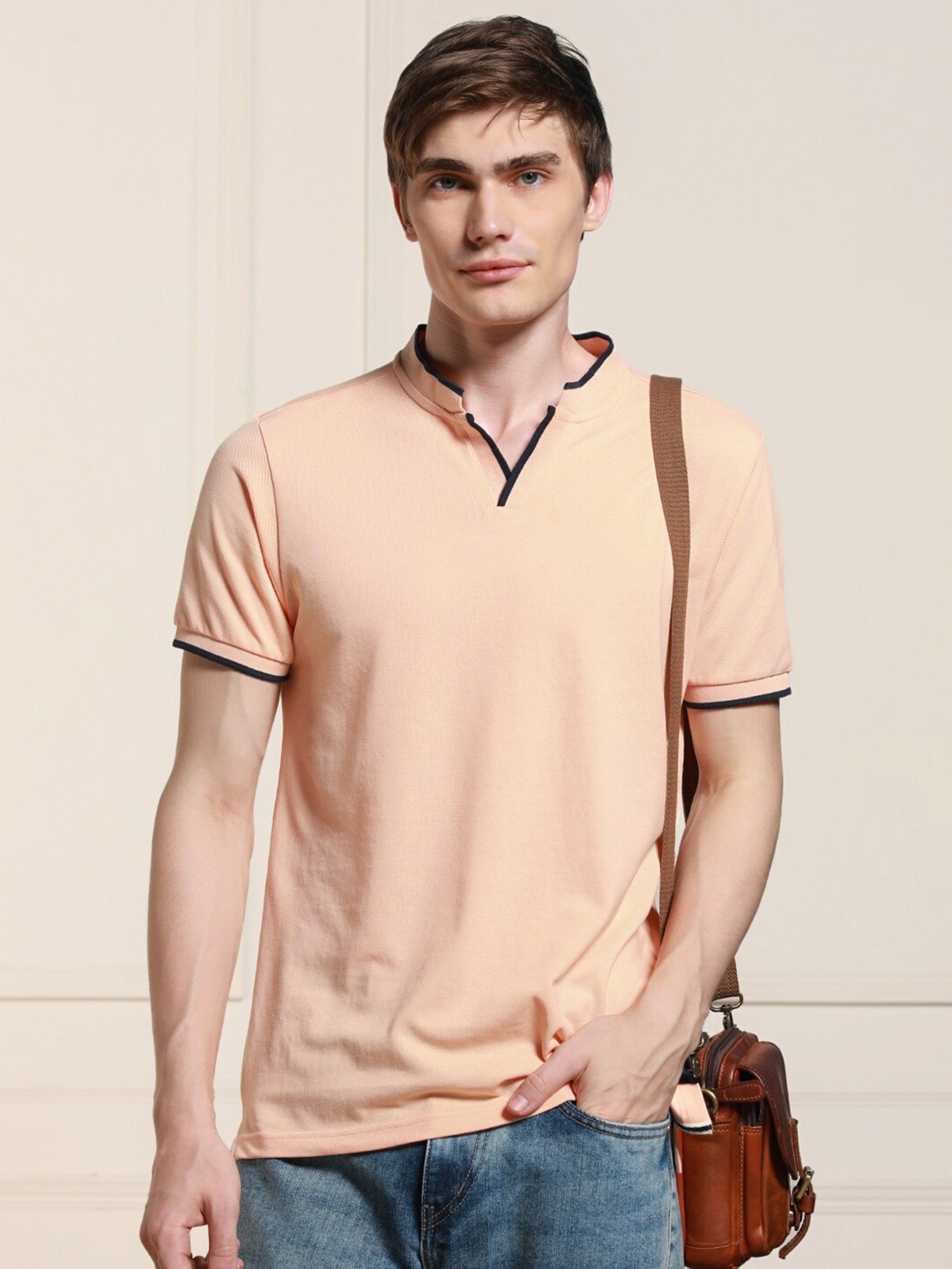 

Dennis Lingo Men Short Sleeves Mandarin Collar Solid T-shirt, Peach