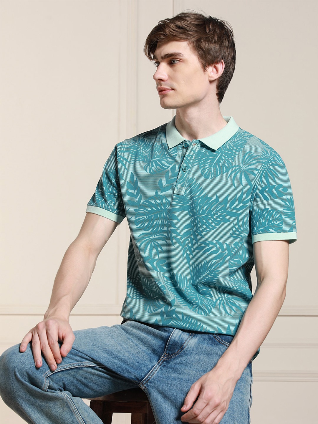 

Dennis Lingo Floral Printed Polo Collar Short Sleeves T-shirt, Blue