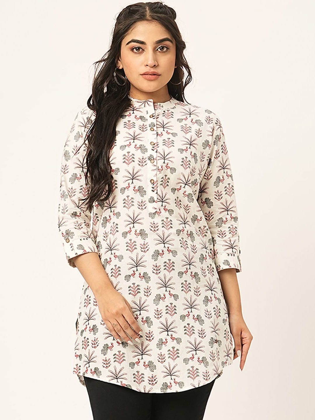 

ODETTE Women Floral Printed Mirror Work Pathani Kurta, Cream