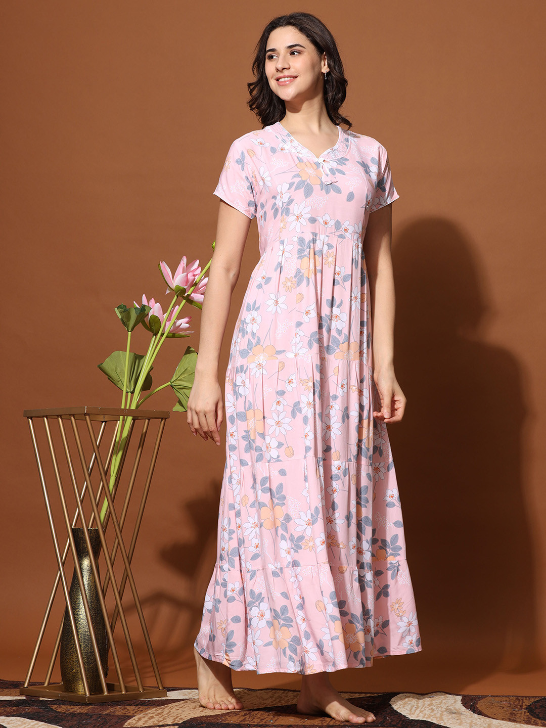 

9shines Label Floral Heavy Rayon Maxi Nightdress, Pink