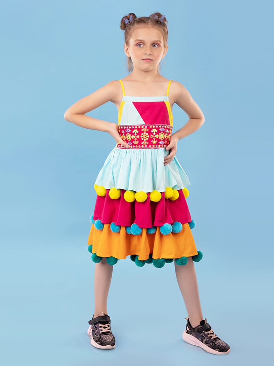 

BAESD Girls Colourblocked Sleeveless Pom Pom Detail Cotton A-Line Dress, Blue