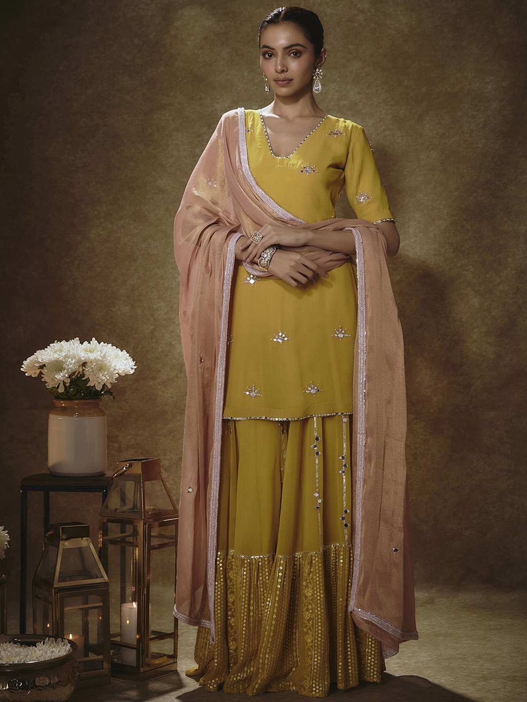 

Renee Label Embroidered Zardozi V-Neck Kurta with Trousers & Dupatta, Yellow