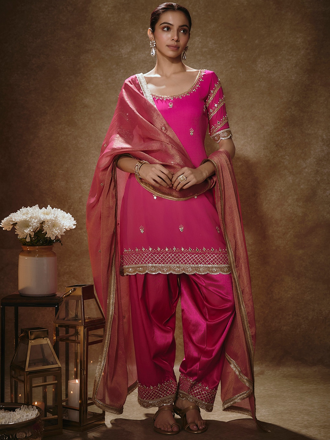 

Renee Label Embroidered Mirror Work Round Neck Kurta with Salwar & Dupatta, Pink