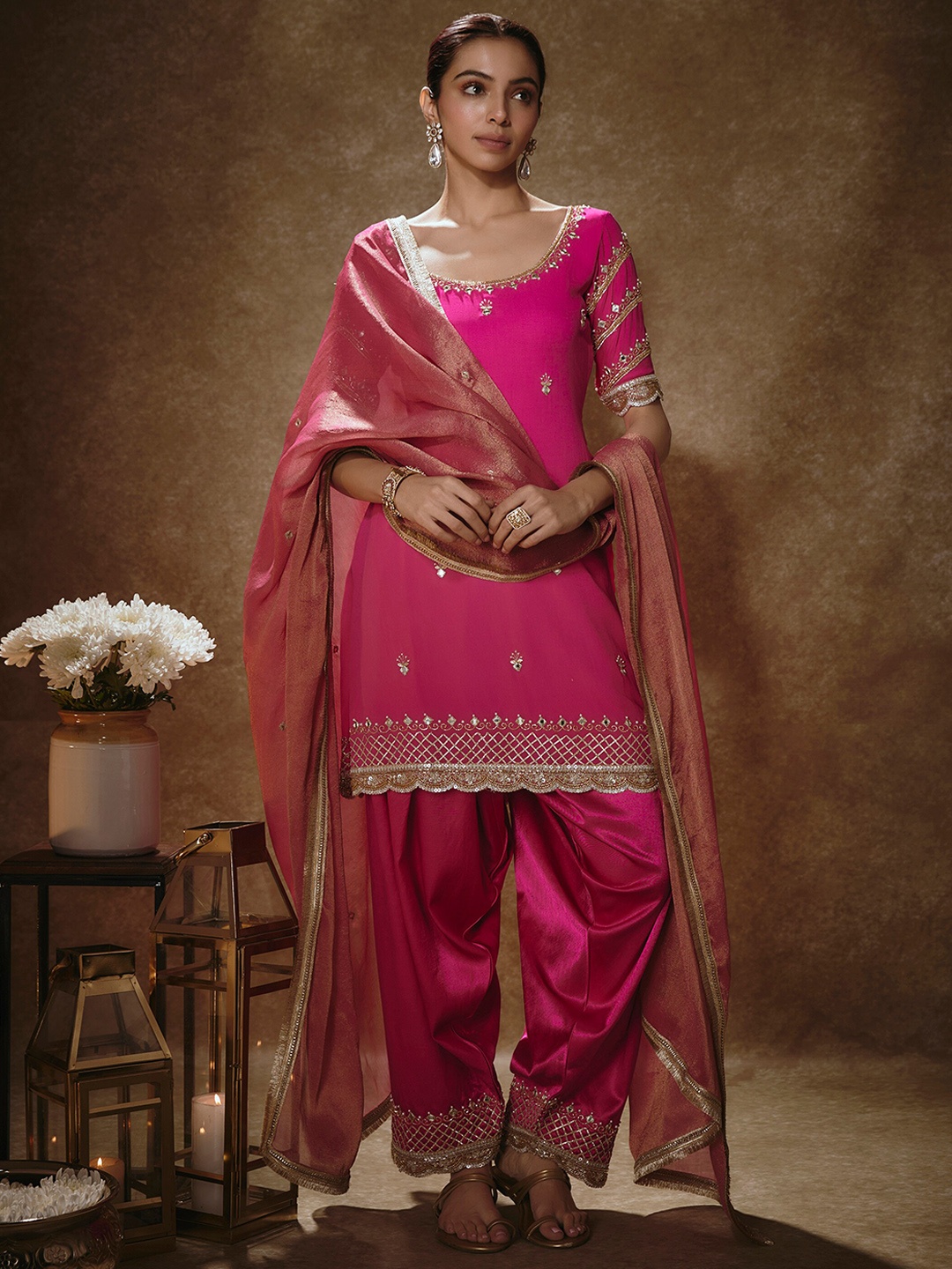 

Renee Label Embroidered Mirror Work Straight Kurta with Salwar & Dupatta, Pink