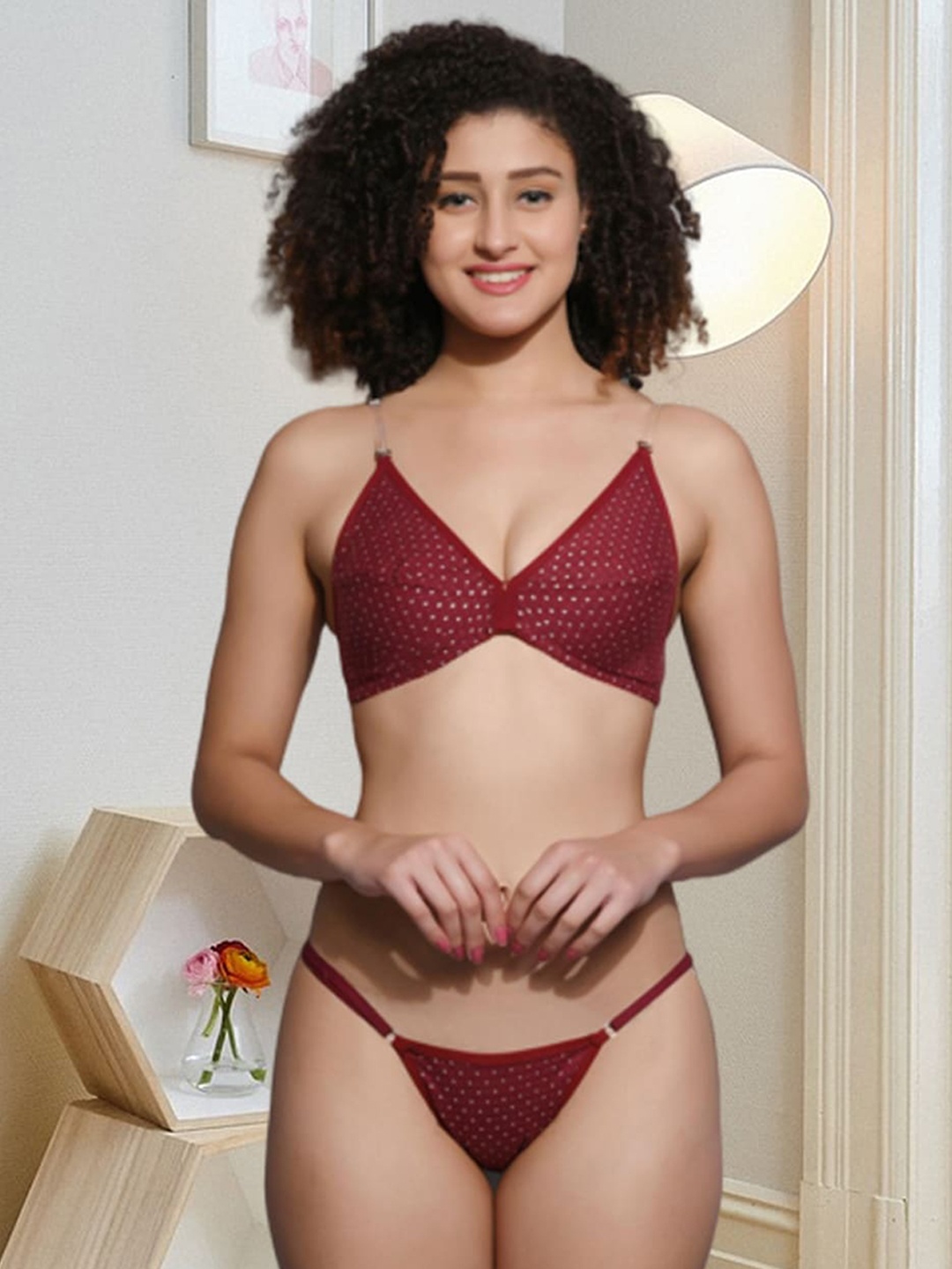 

Fihana Women Non Padded Polka Dots Printed Lingerie Set, Maroon
