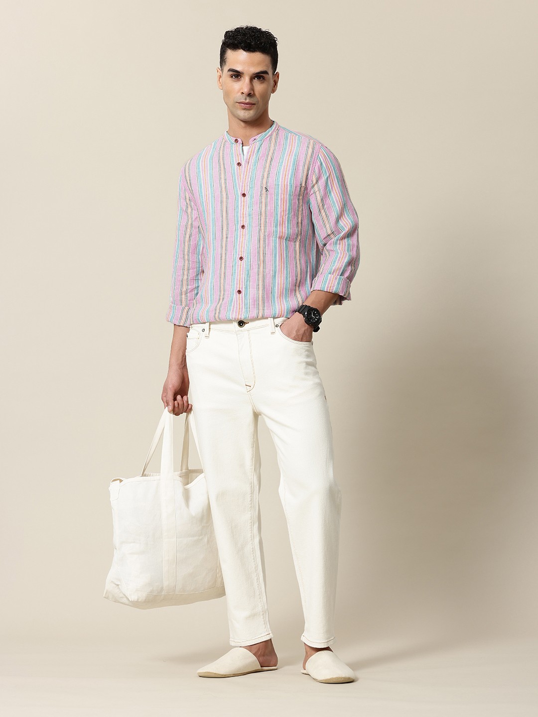 

Mr Bowerbird Men Tailored Fit Semi Sheer Striped Mandarin Collar Linen Casual Shirt, Multi