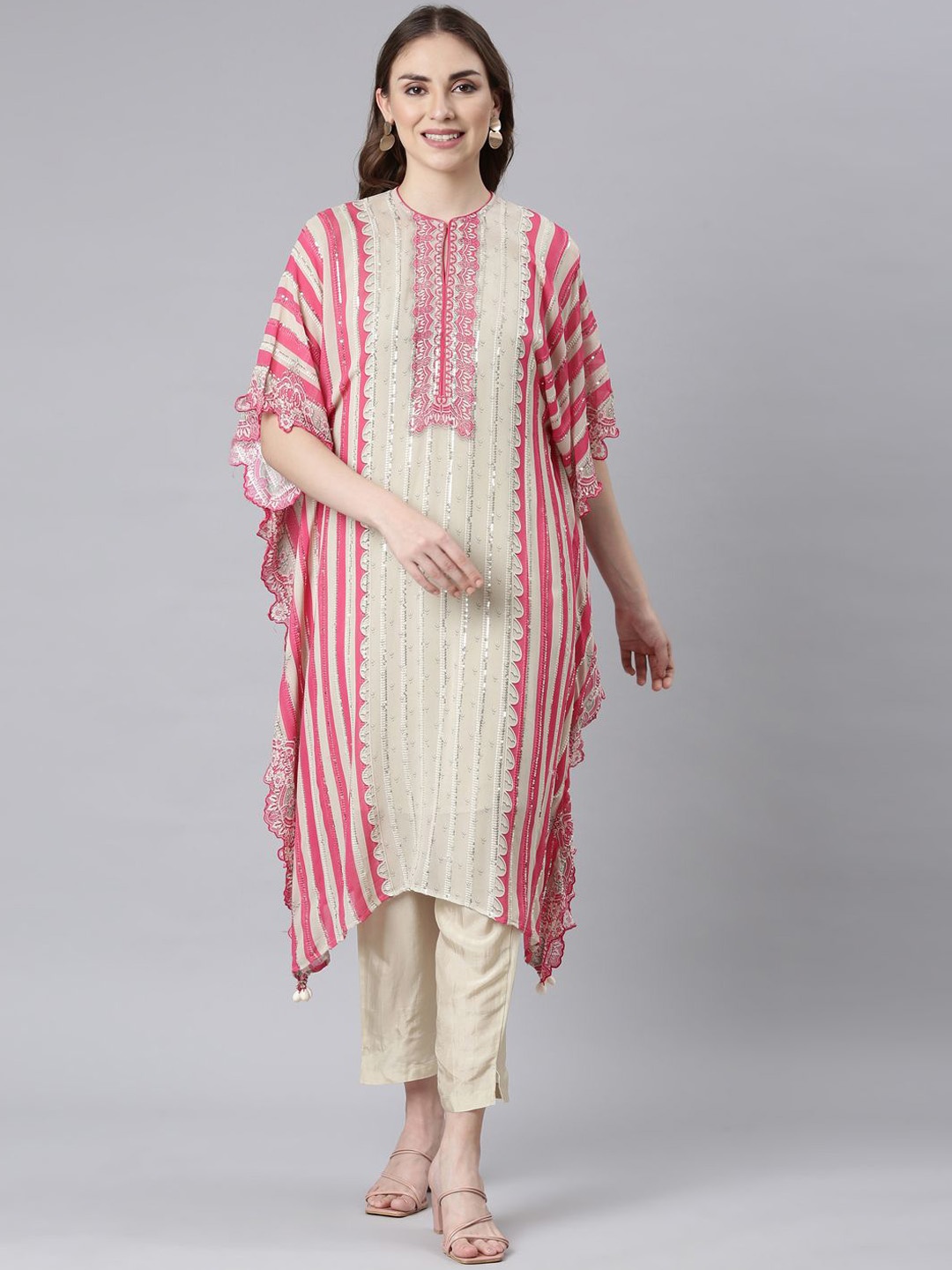 

Neerus Embroidered Kimono Sleeves Regular Sequinned Georgette Kurta with Trousers, Cream