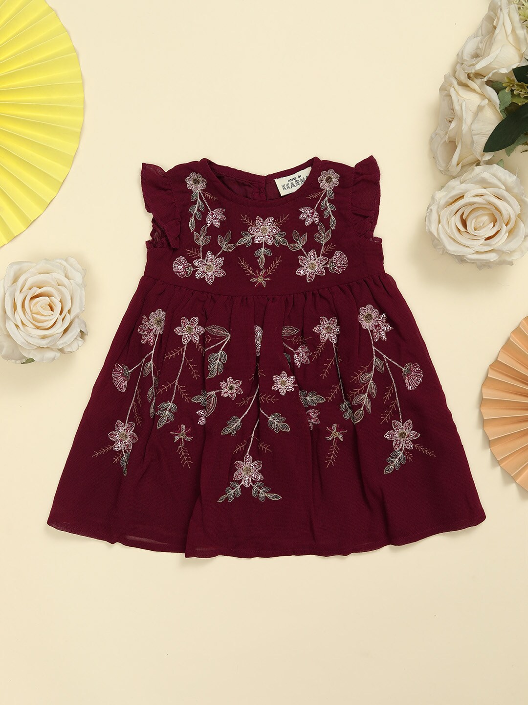 

HOUSE OF KKARMA Infants Girls Floral Embroidery Georgette Midi Dress, Burgundy
