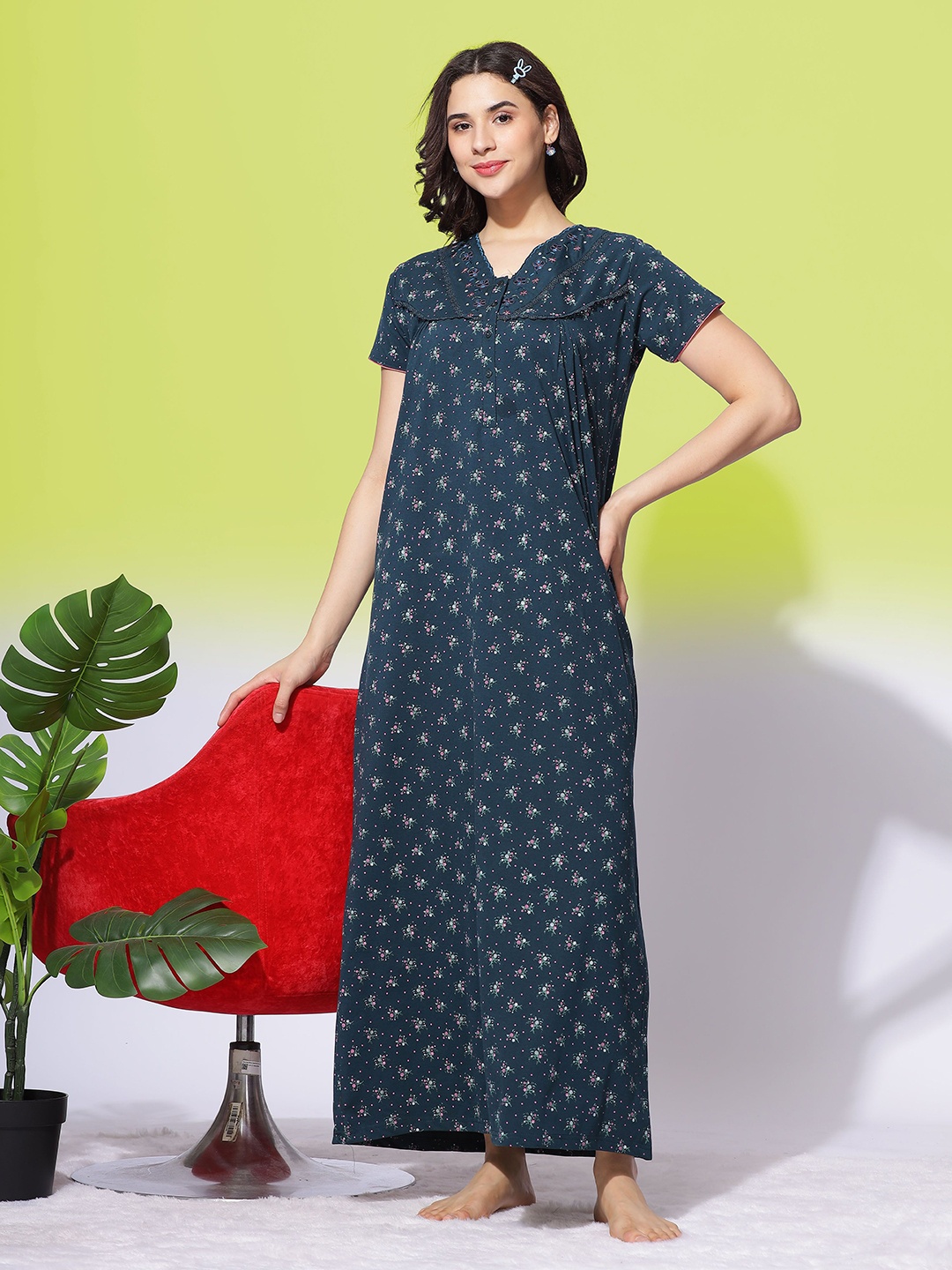 

9shines Label Printed Embroidery Pleated Maxi Nightdress, Green