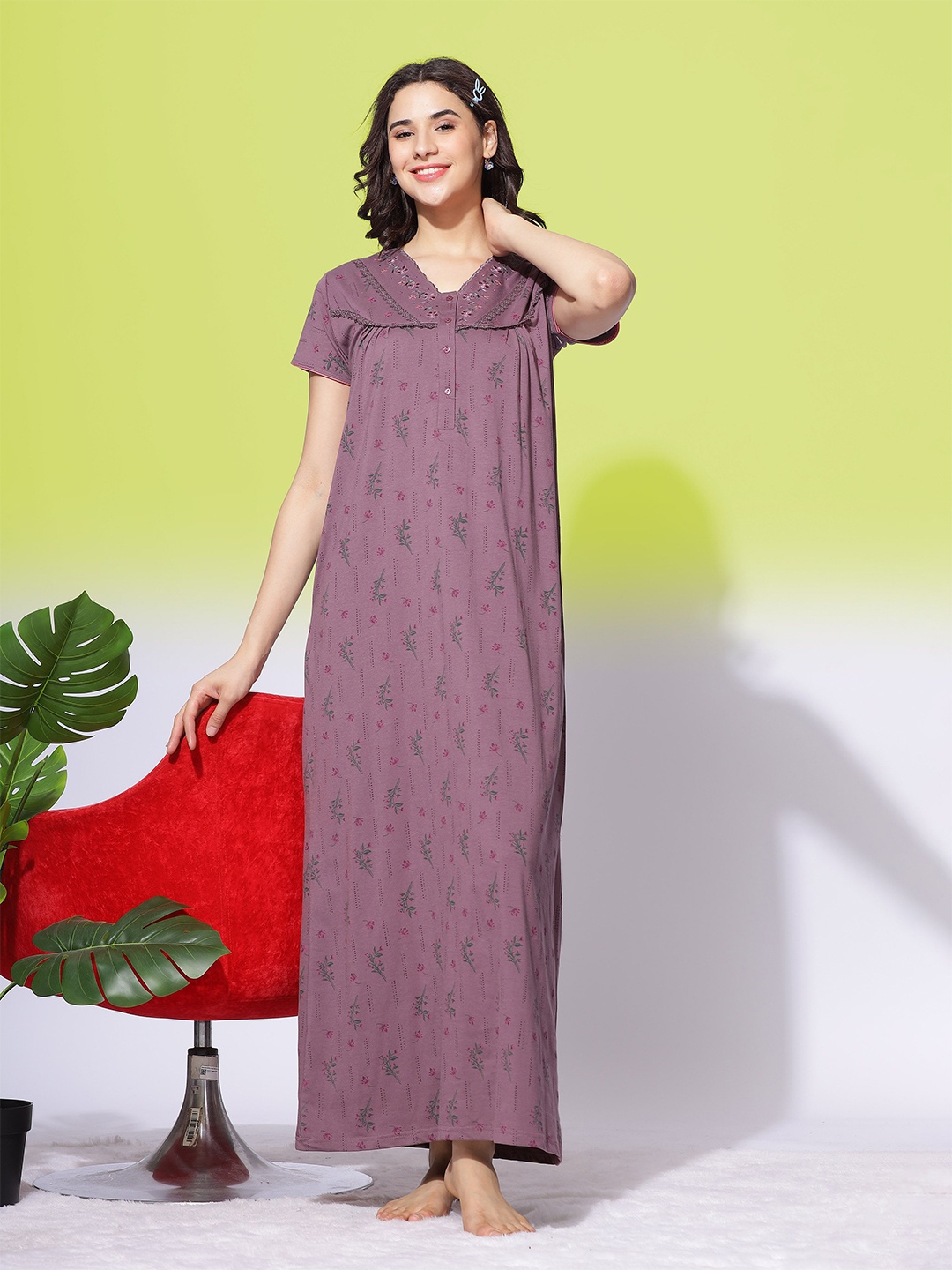 

9shines Label Printed Embroidered Pleated Maxi Nightdress, Purple