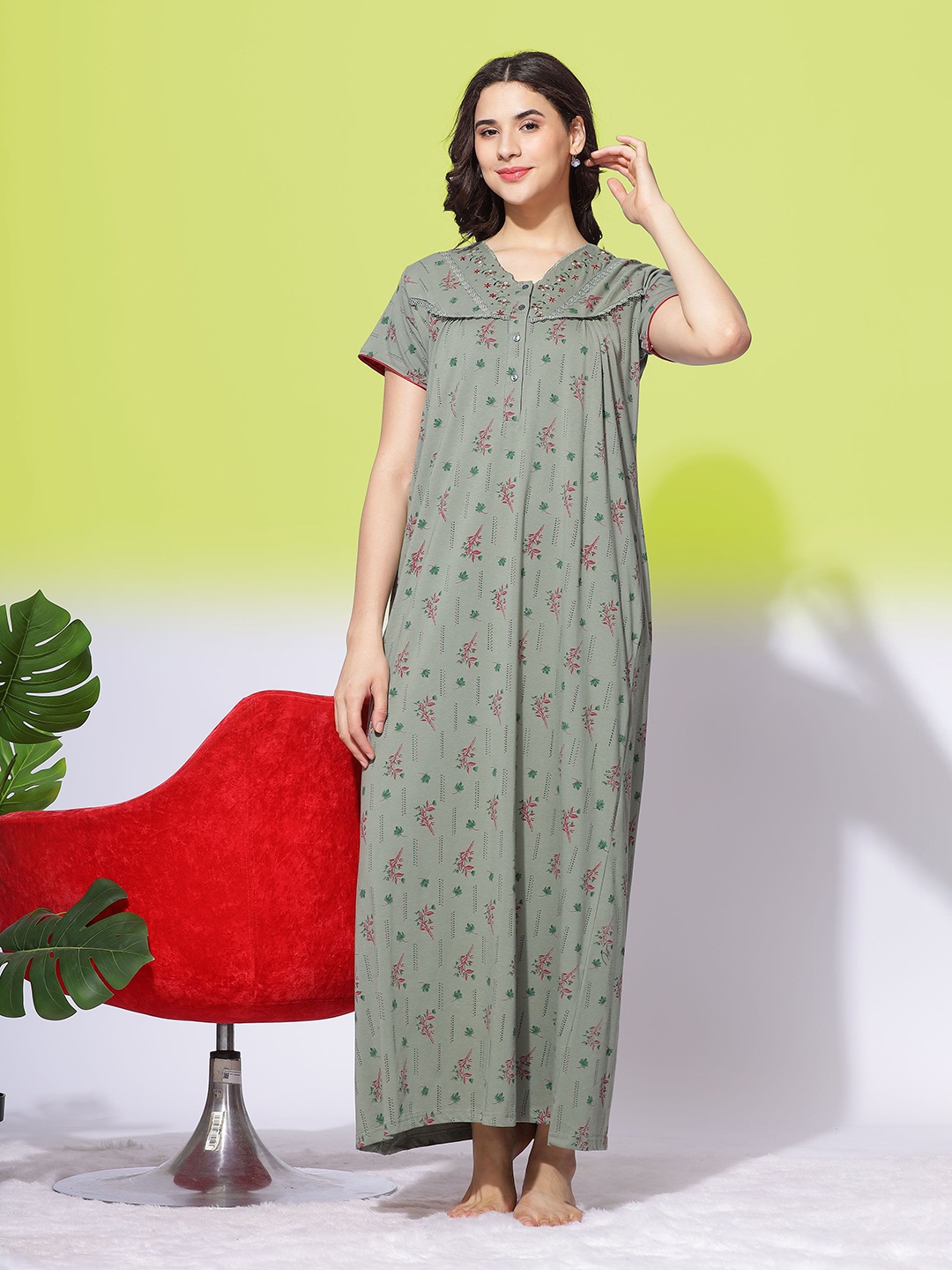 

9shines Label Printed Pleated Maxi Nightdress With Embroidered Detail, Olive