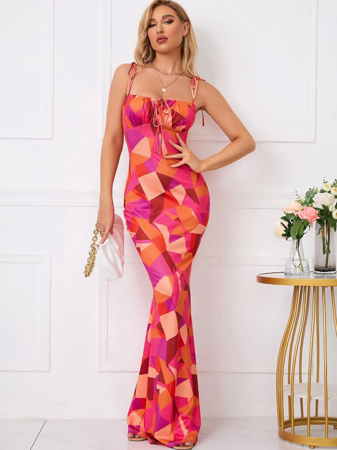 

TANDUL Women Geometric Printed Shoulder Straps Bodycon Maxi Dress, Pink
