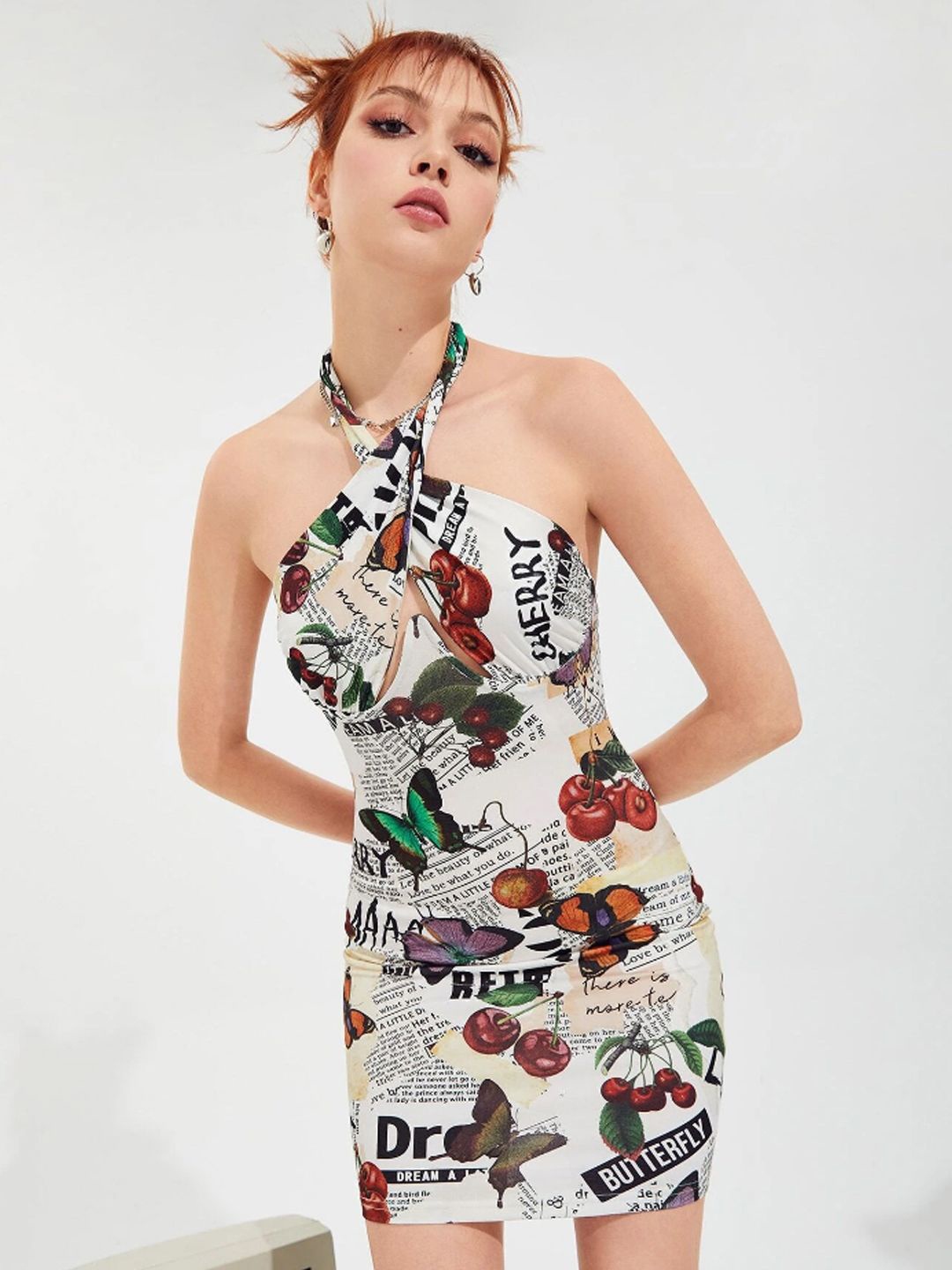 

TANDUL Women Conversational Printed Halter Neck Bodycon Mini Dress, White