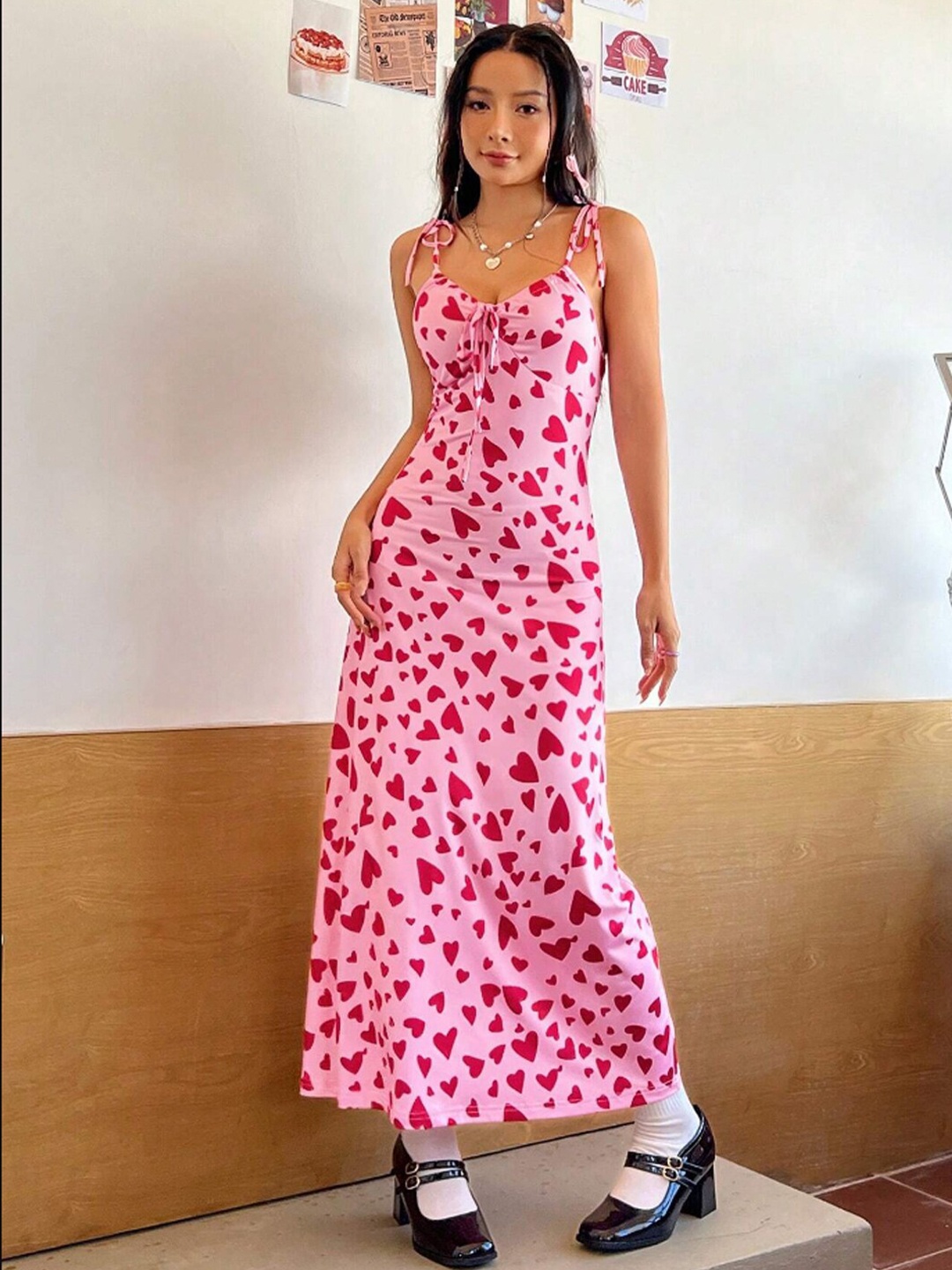 

TANDUL Conversational Printed Shoulder Straps Tie-Ups Maxi Sheath Dress, Pink
