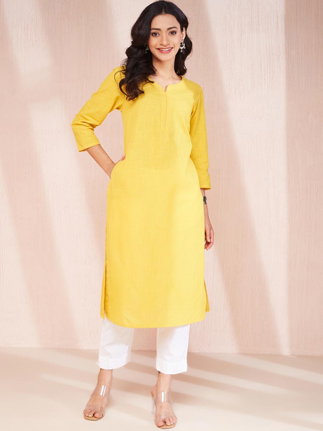 

Fabindia Round Neck Three-Quarter Sleeves Cotton Thread Work Kurta, Yellow