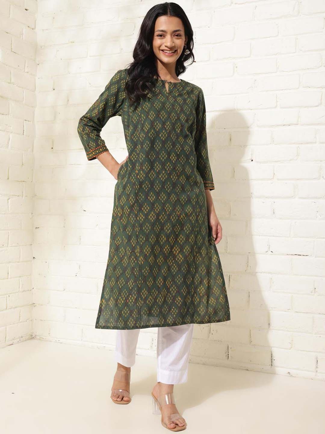 

Fabindia Printed Keyhole Neck Three-Quarter Sleeves Cotton Kurta, Green