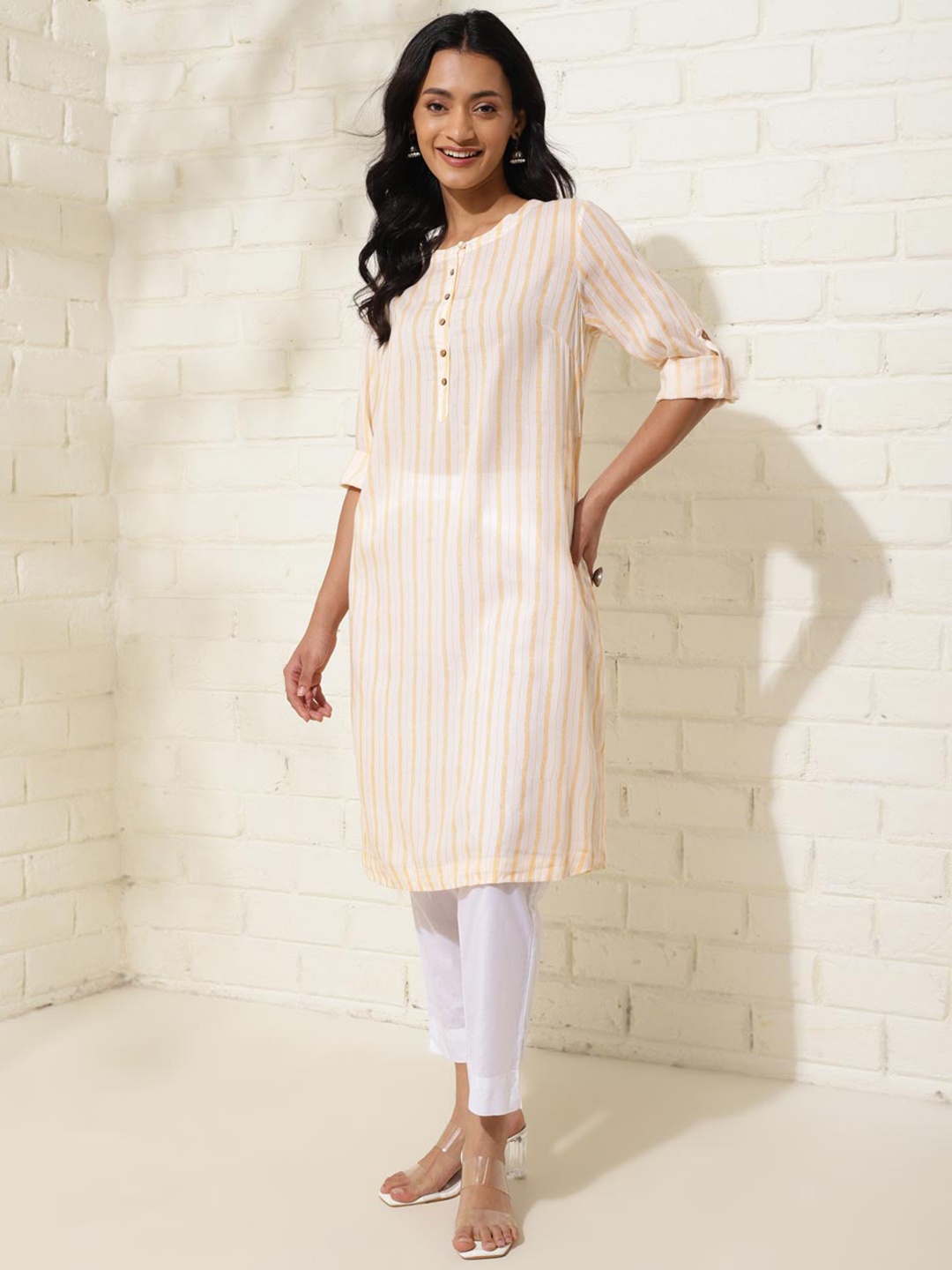 

Fabindia Striped Band Collar Roll-Up Sleeves Modal Straight Kurta, Beige