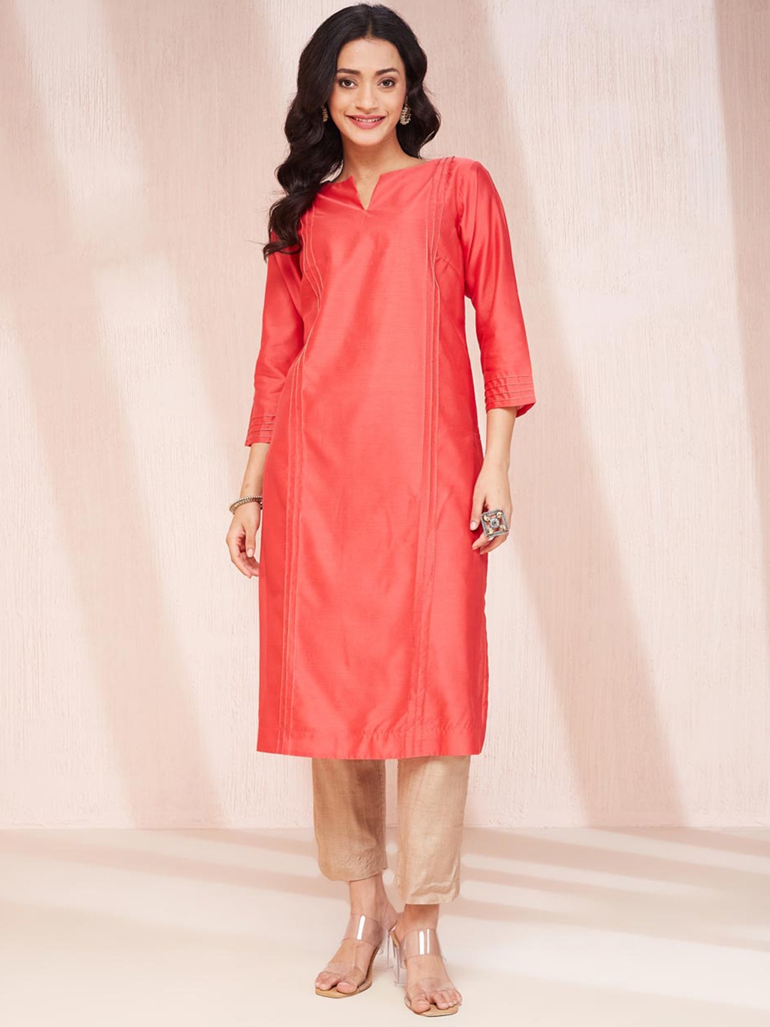 

Fabindia Woven Design Round Neck Cotton Silk Straight Kurta, Coral