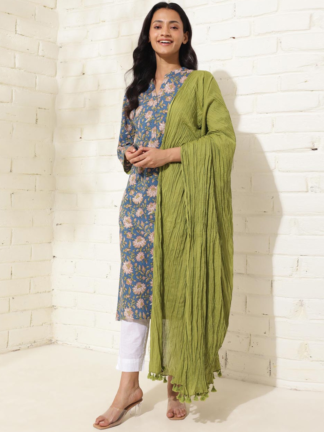 

Fabindia Floral Printed Regular Pure Cotton Straight Kurta with Trousers & Dupatta, Blue