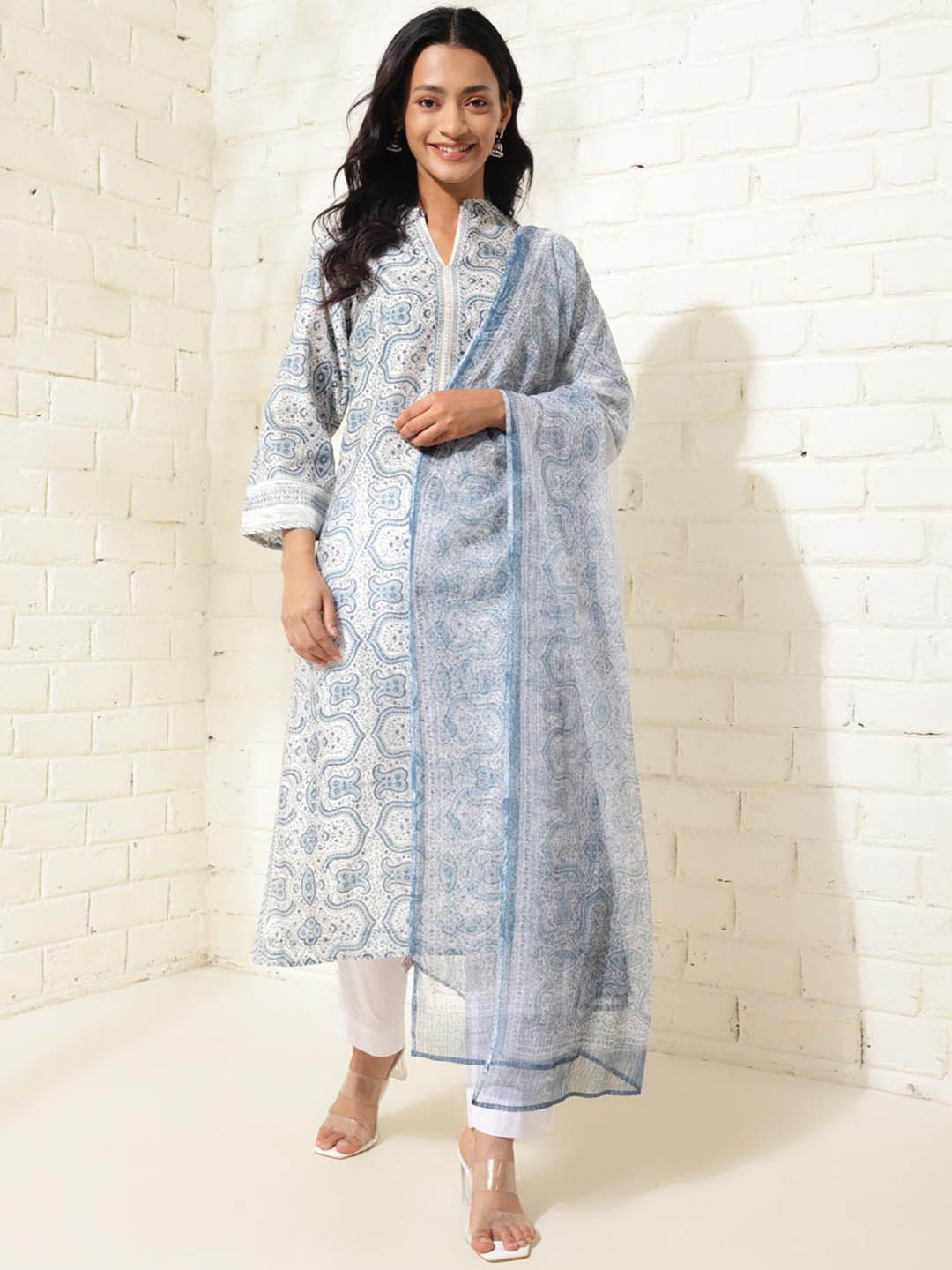 

Fabindia Ethnic Motifs Printed Regular A-Line Kurta with Trousers & Dupatta, White