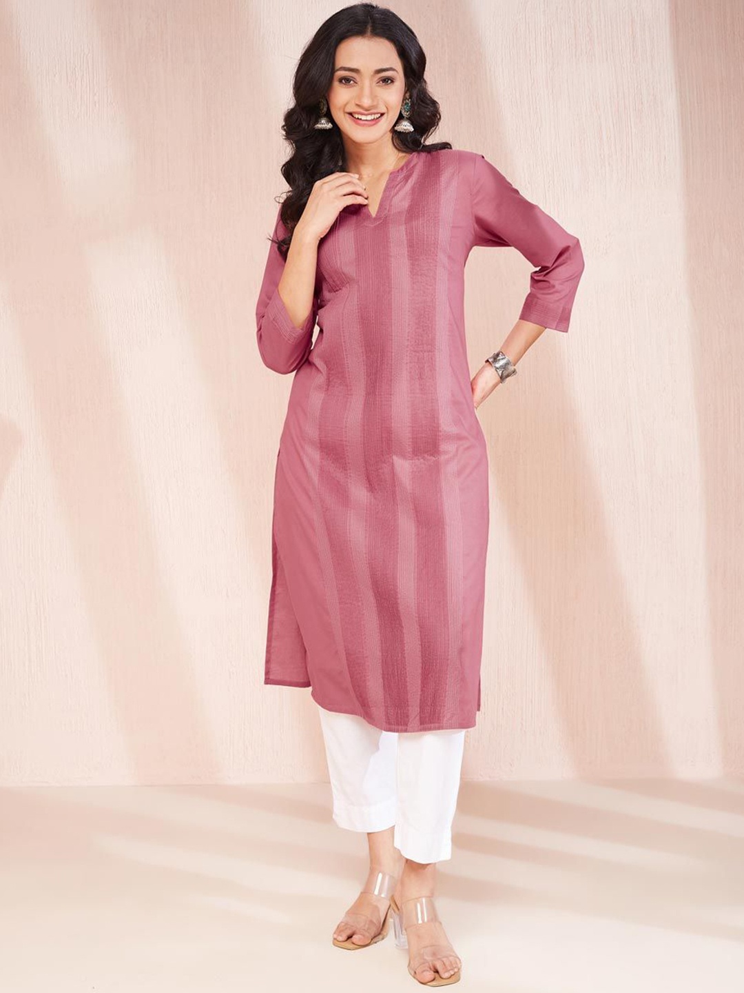 

Fabindia Striped Band Collar Cotton Regular Sleeves Straight Kurta, Pink