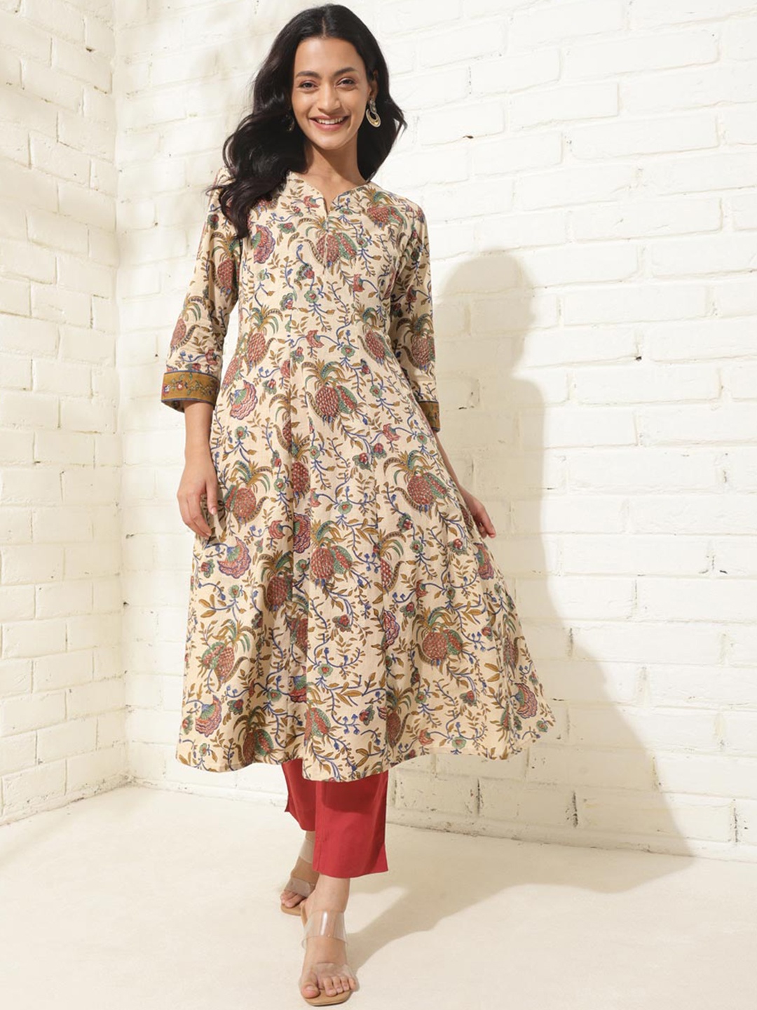 Fabindia Floral Printed Botch Neck Regular Cotton A-Line Kurta, Beige