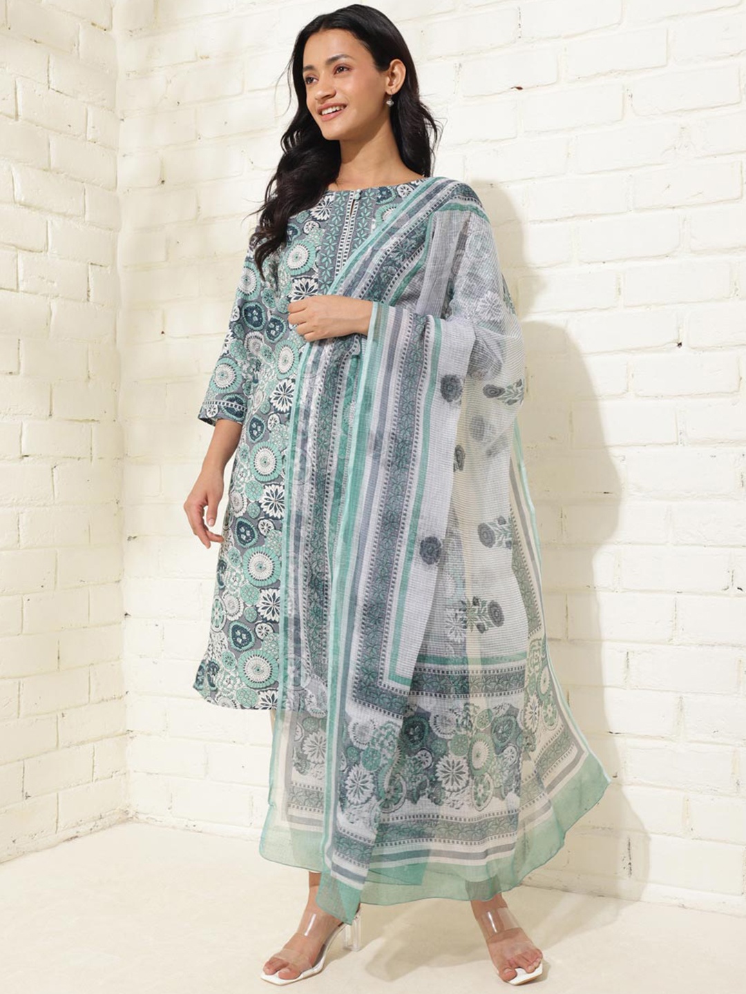 

Fabindia Printed Regular Pure Cotton Straight Kurta with Trousers & Dupatta, Blue