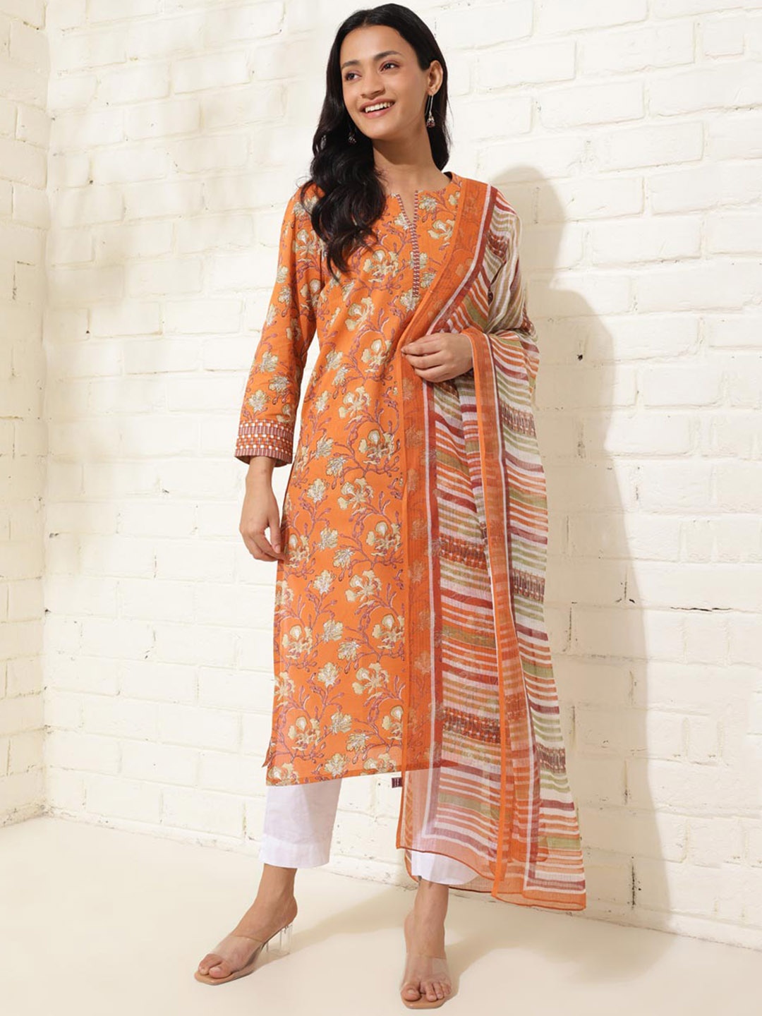 

Fabindia Floral Printed Notched Neck Pure Cotton Kurta with Trousers & Dupatta, Orange