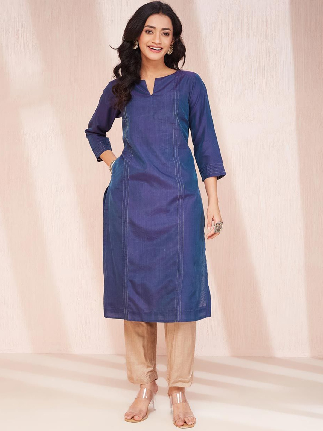 

Fabindia Notch Neck Cotton Silk Regular Straight Kurta, Blue