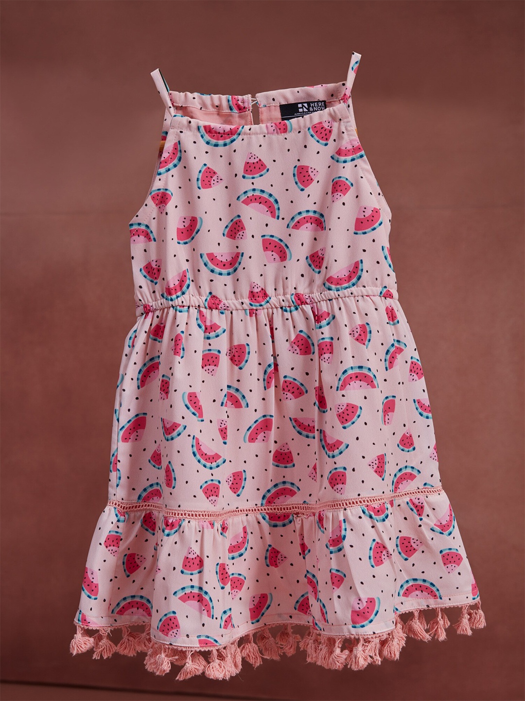 

HERE&NOW Girls Conversational Printed Shoulder Straps A-Line Dress, Pink