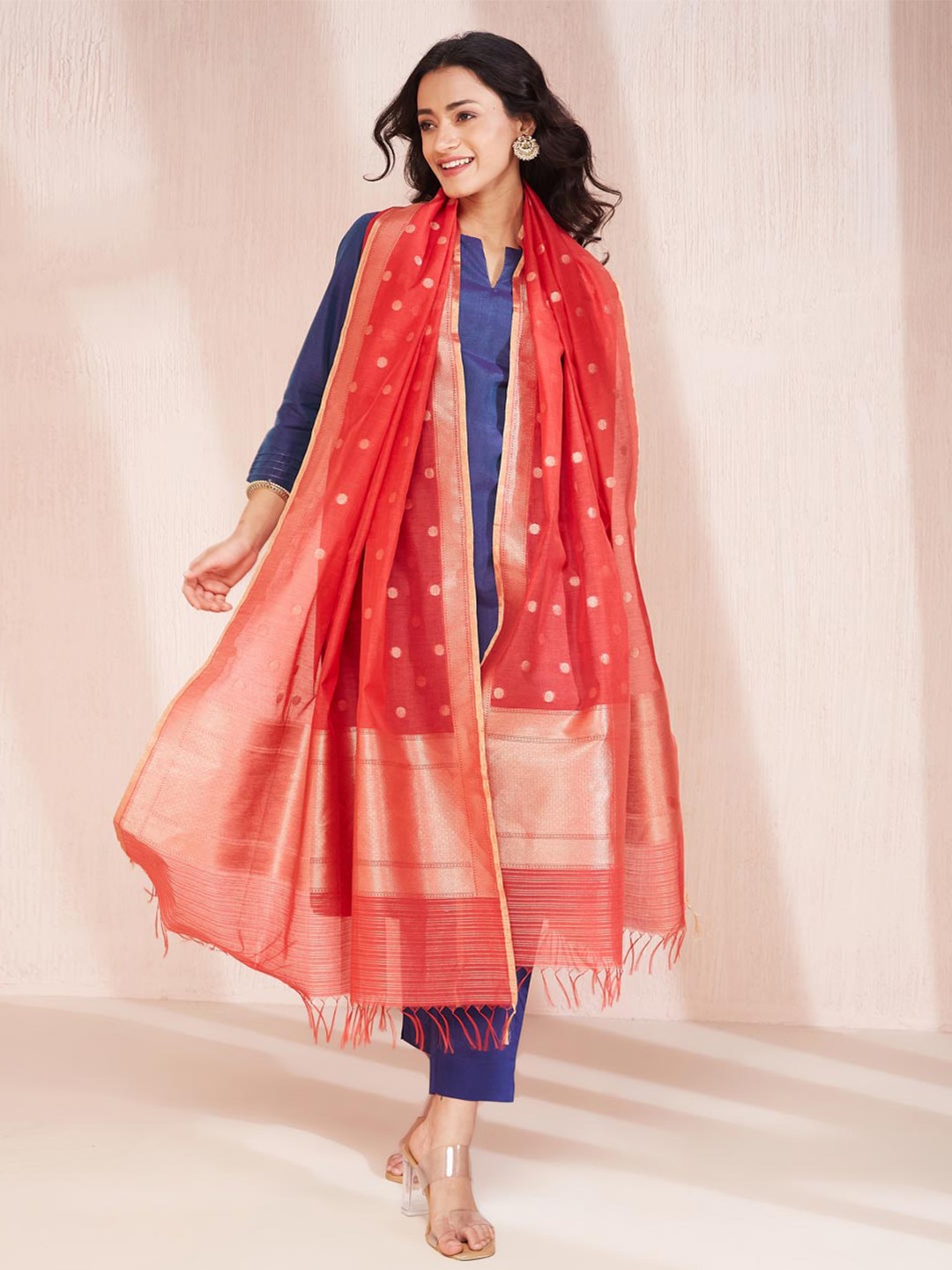 

Fabindia Ethnic Motifs Woven Design Dupatta with Zari, Red