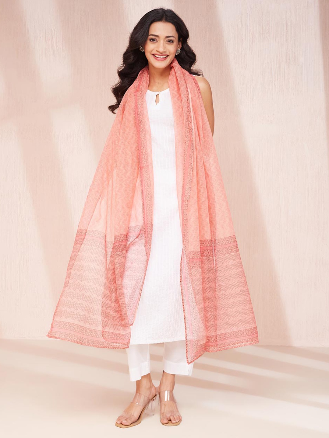 

Fabindia Cotton Silk Hand Block Printed Dupatta, Pink