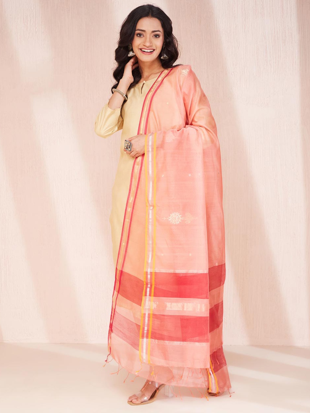 

Fabindia Women Solid Woven Design Dupatta With Zari, Coral