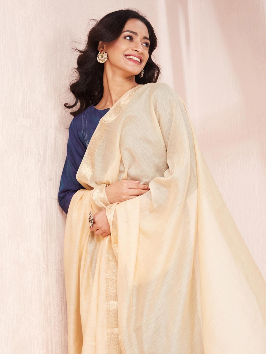 

Fabindia Ethnic Motifs Woven Design Dupatta with Zari, Beige
