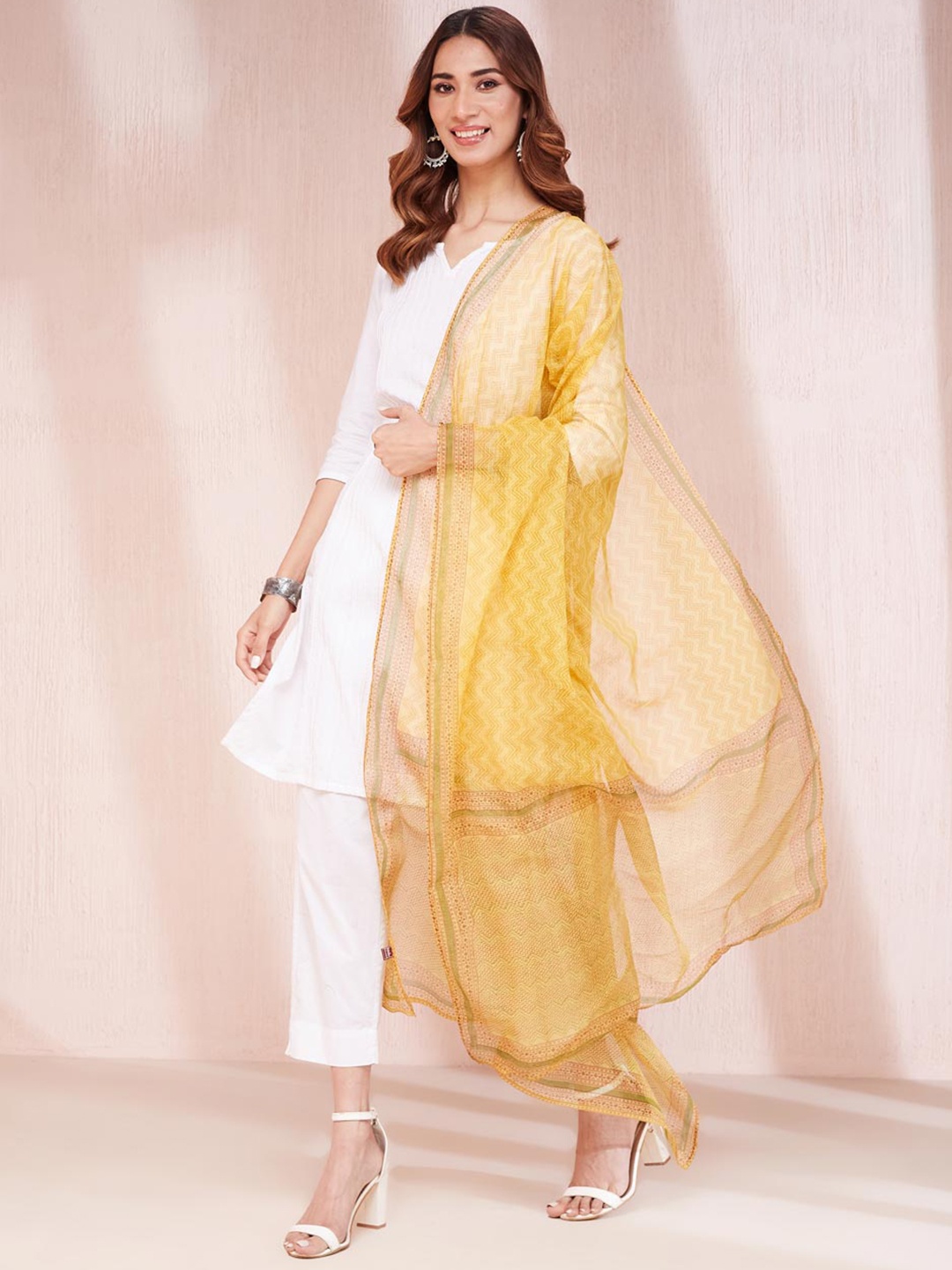 

Fabindia Mustard Cotton Silk Hand Block Printed Dupatta, Yellow