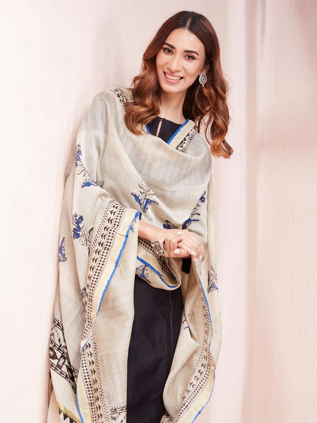 

Fabindia Blue Cotton Silk Bagru Printed Dupatta, Beige