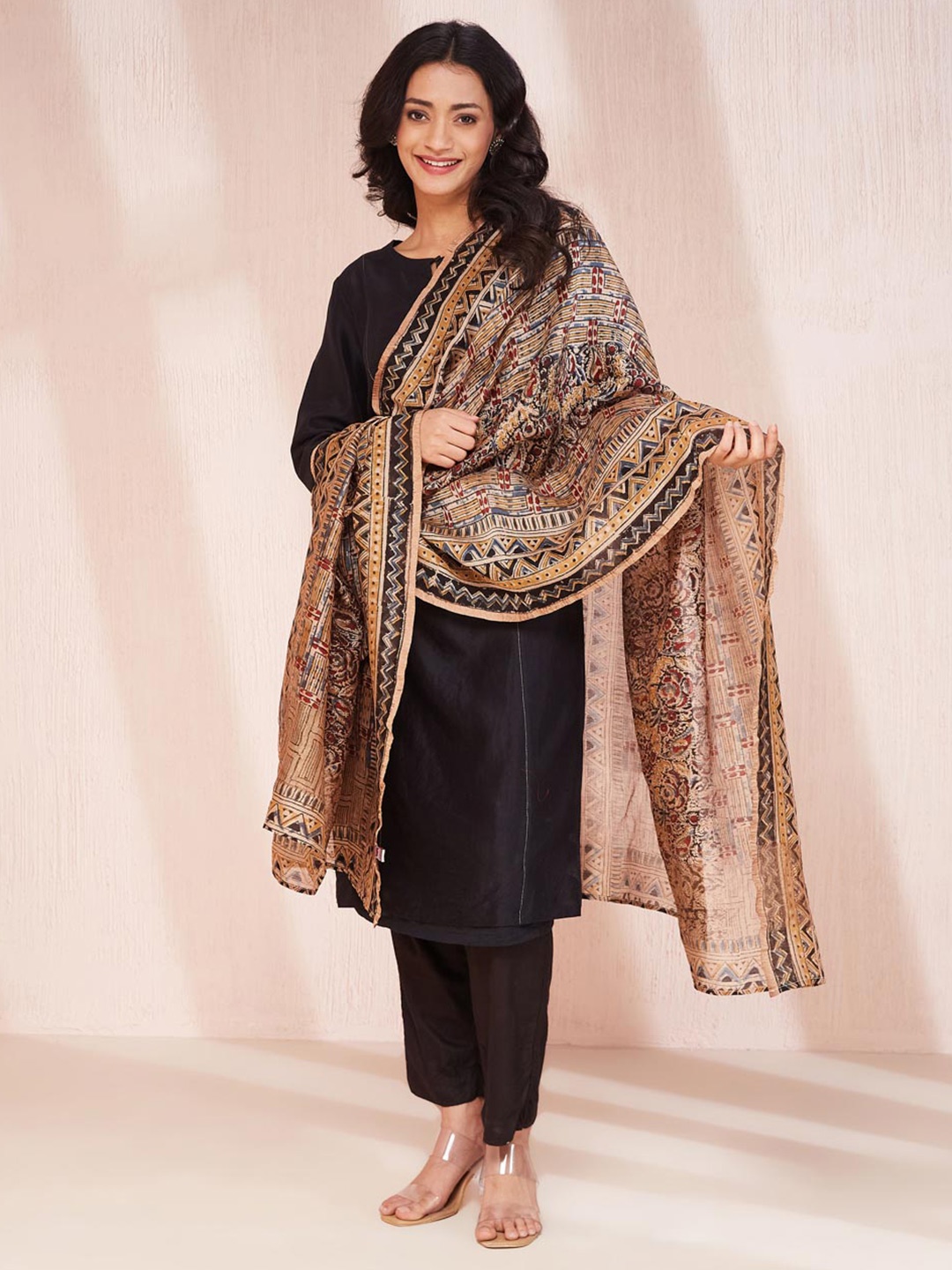 

Fabindia Ethnic Motifs Printed Kalamkari Cotton Silk Dupatta, Black