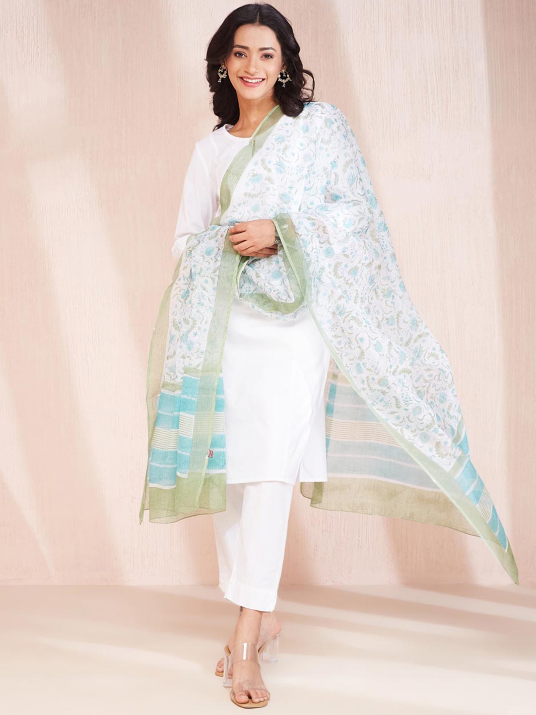 

Fabindia Cotton Silk Hand Block Printed Dupatta, White
