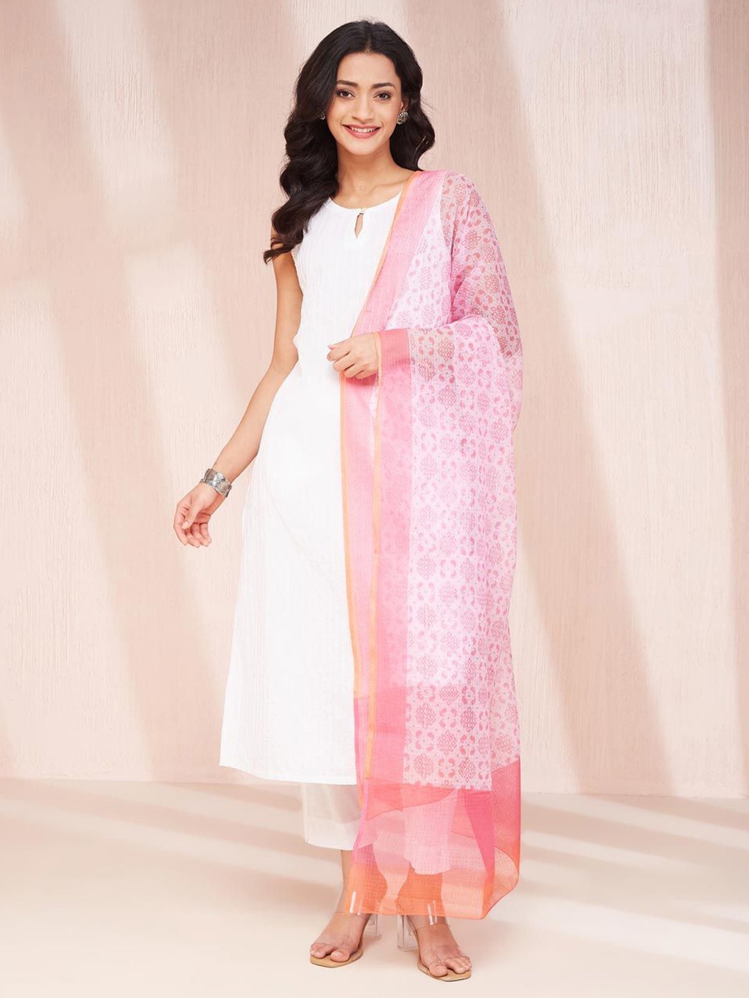 

Fabindia Printed Cotton Silk Dupatta, Pink