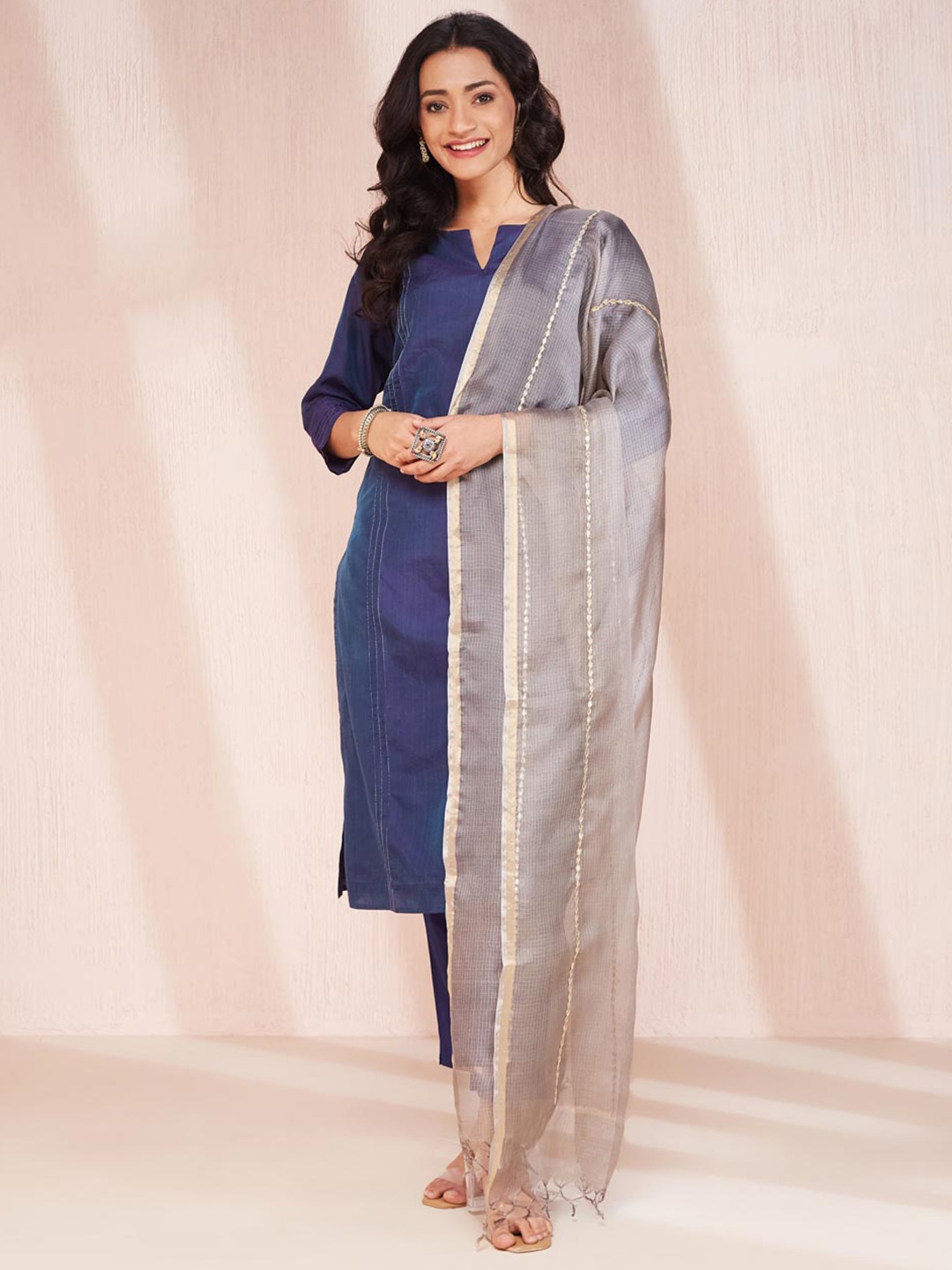 

Fabindia Checked Embroidered Dupatta with Gota Patti Work, Grey