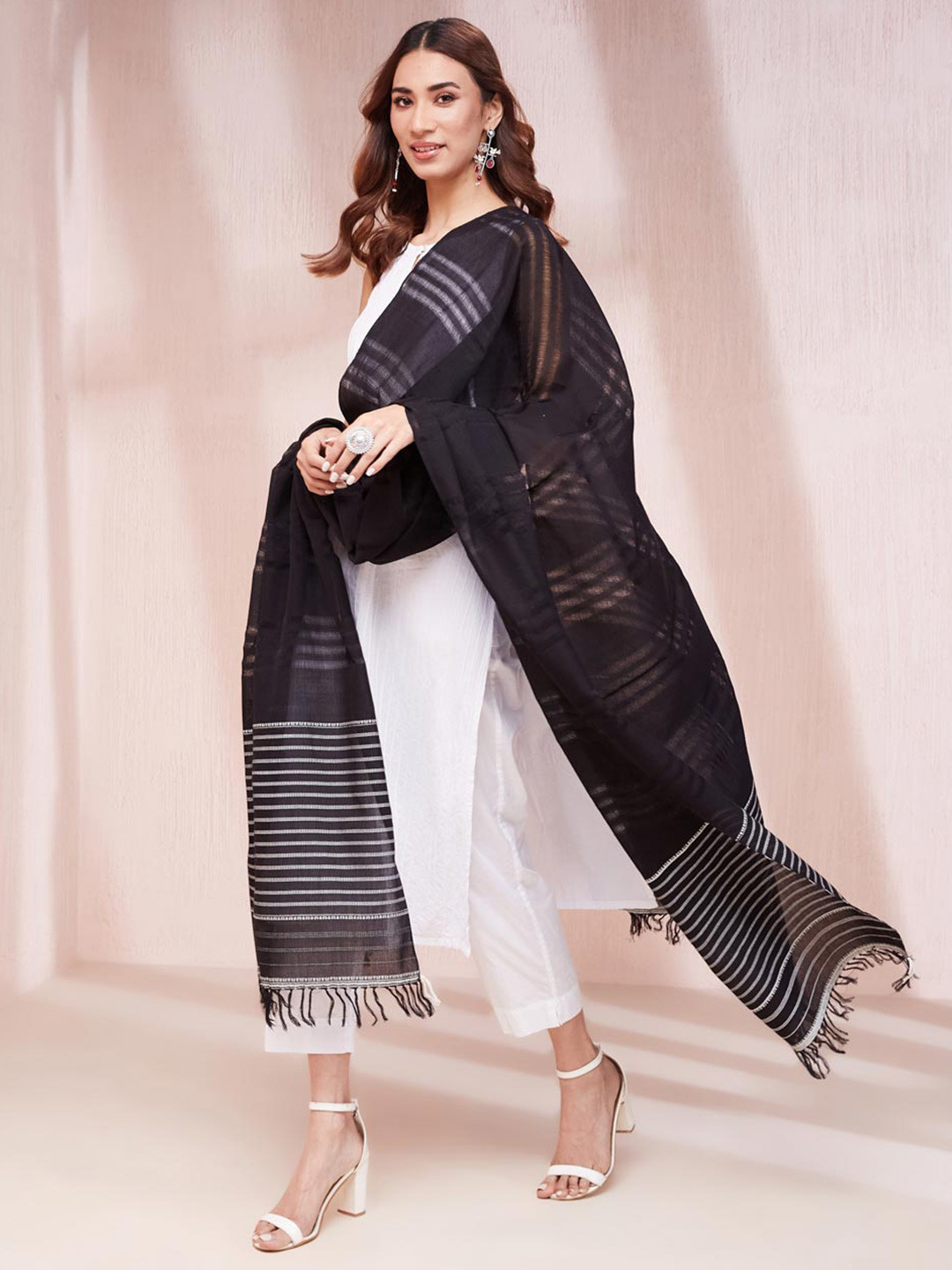 

Fabindia Women's Woven Striped Design Dupatta, Black