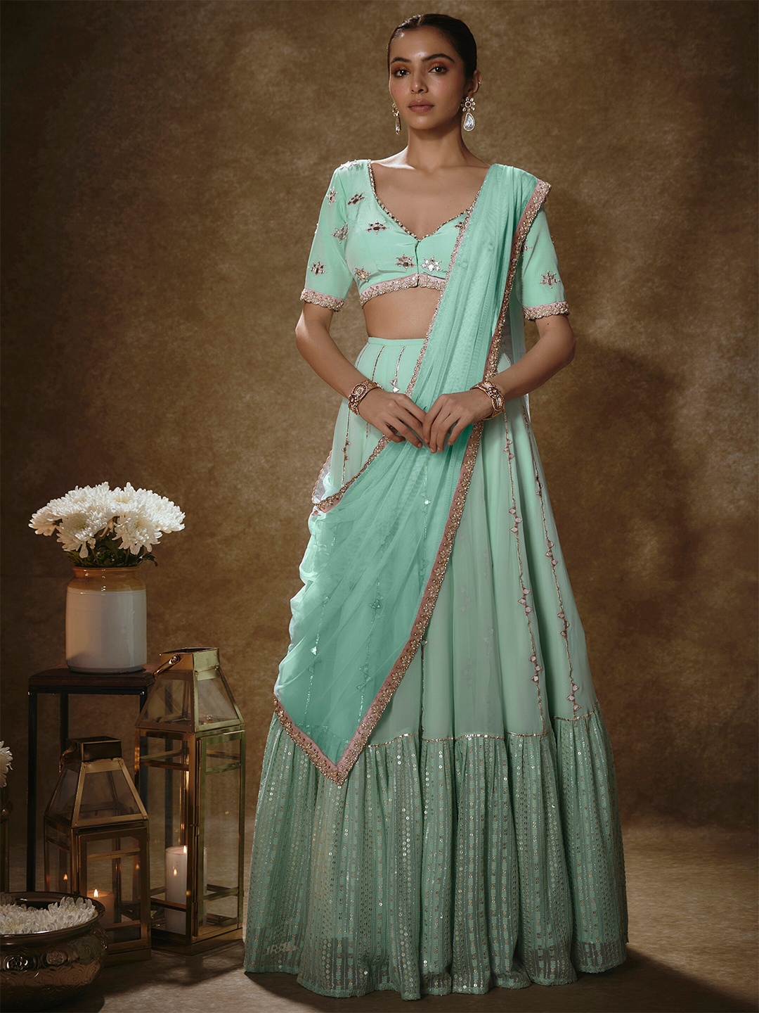 

Renee Label Women Embroidered Mirror Work Ready to Wear Lehenga & Blouse With Dupatta, Sea green