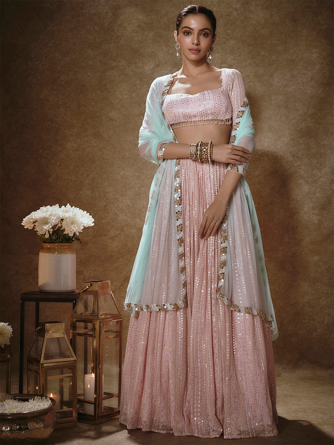 

Renee Label Women Embroidered Sequinned Ready to Wear Lehenga & Blouse With Dupatta, Pink