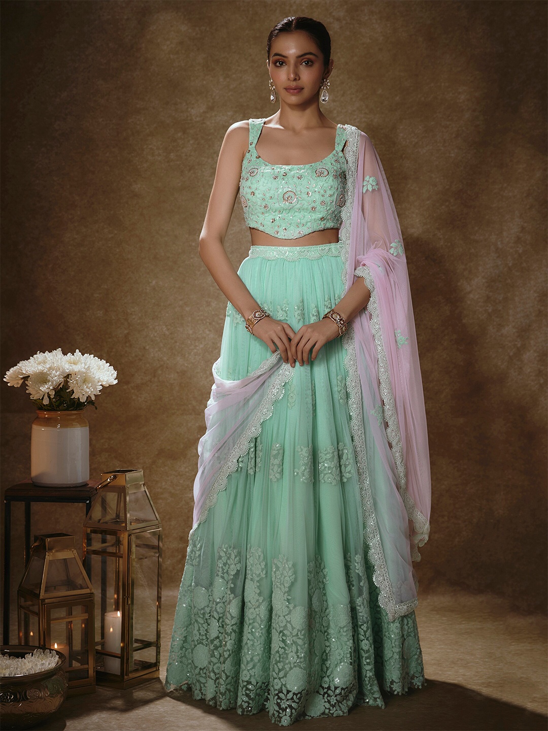 

Renee Label Women Embroidered Sequinned Ready to Wear Lehenga & Blouse With Dupatta, Sea green