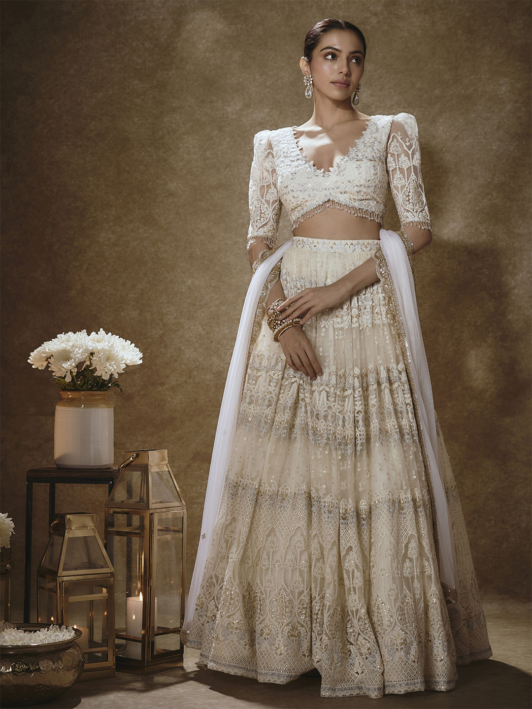 

Renee Label Embroidered Ready to Wear Lehenga & Blouse With Dupatta, White