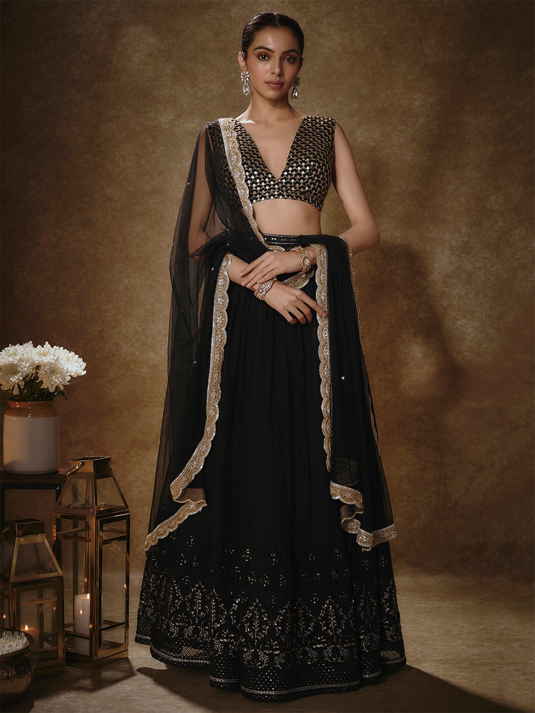 

Renee Label Women Embroidered Sequinned Ready to Wear Lehenga & Blouse With Dupatta, Black