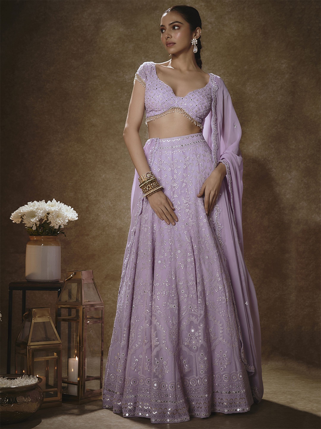 

Renee Label Embroidered Sequinned Ready to Wear Lehenga & Blouse With Dupatta, Purple